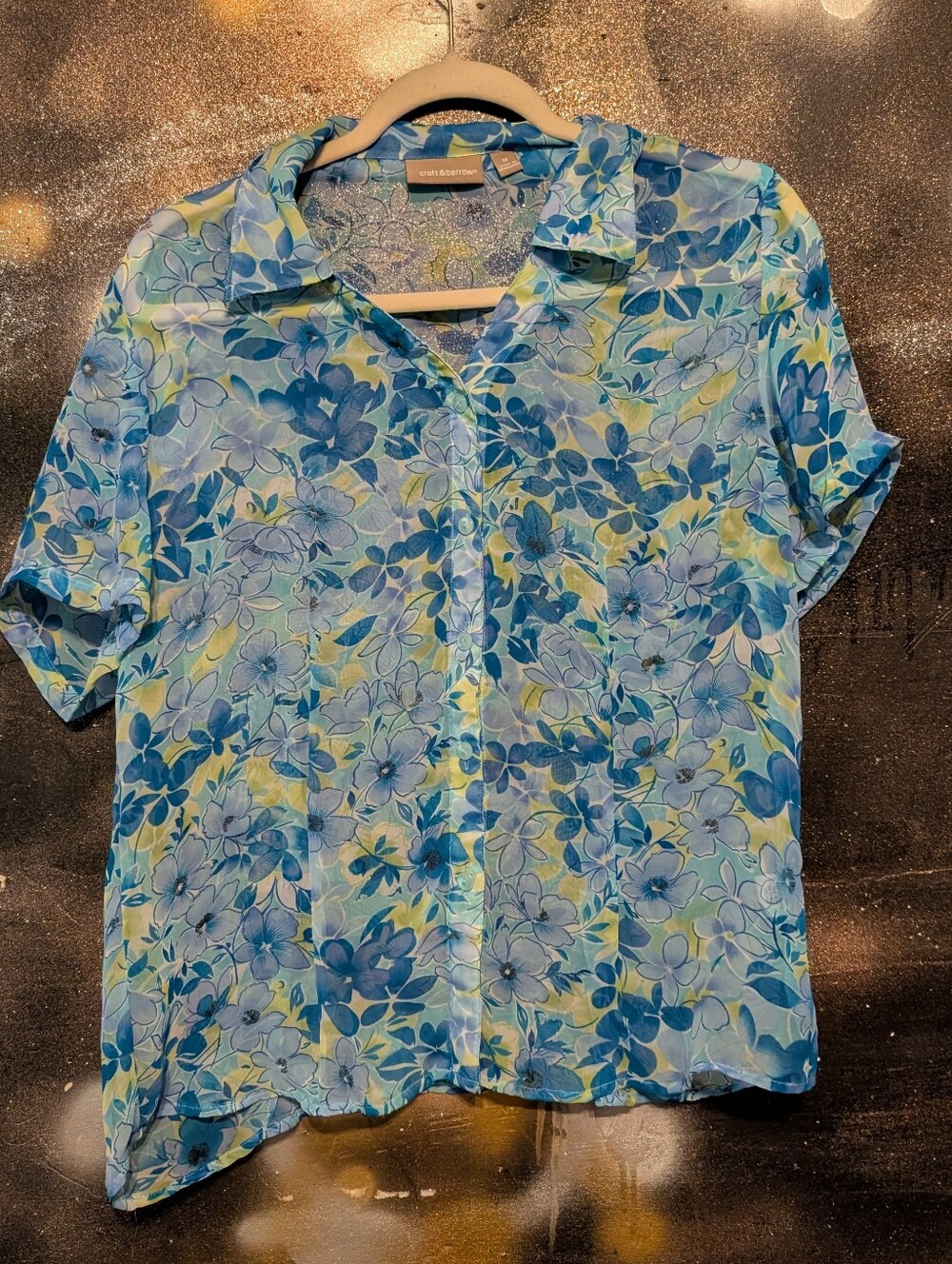 croft & barrow Blue Floral Short-Sleeve Sheer Button-Up Blouse